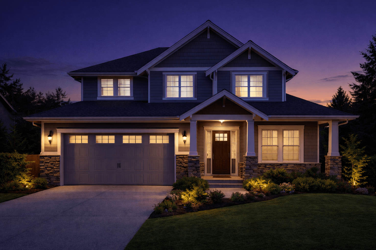 Modern home exterior at twilight